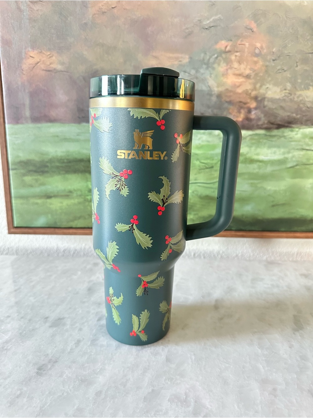 Stanley Green 40oz with Holly Print and Gold Accent